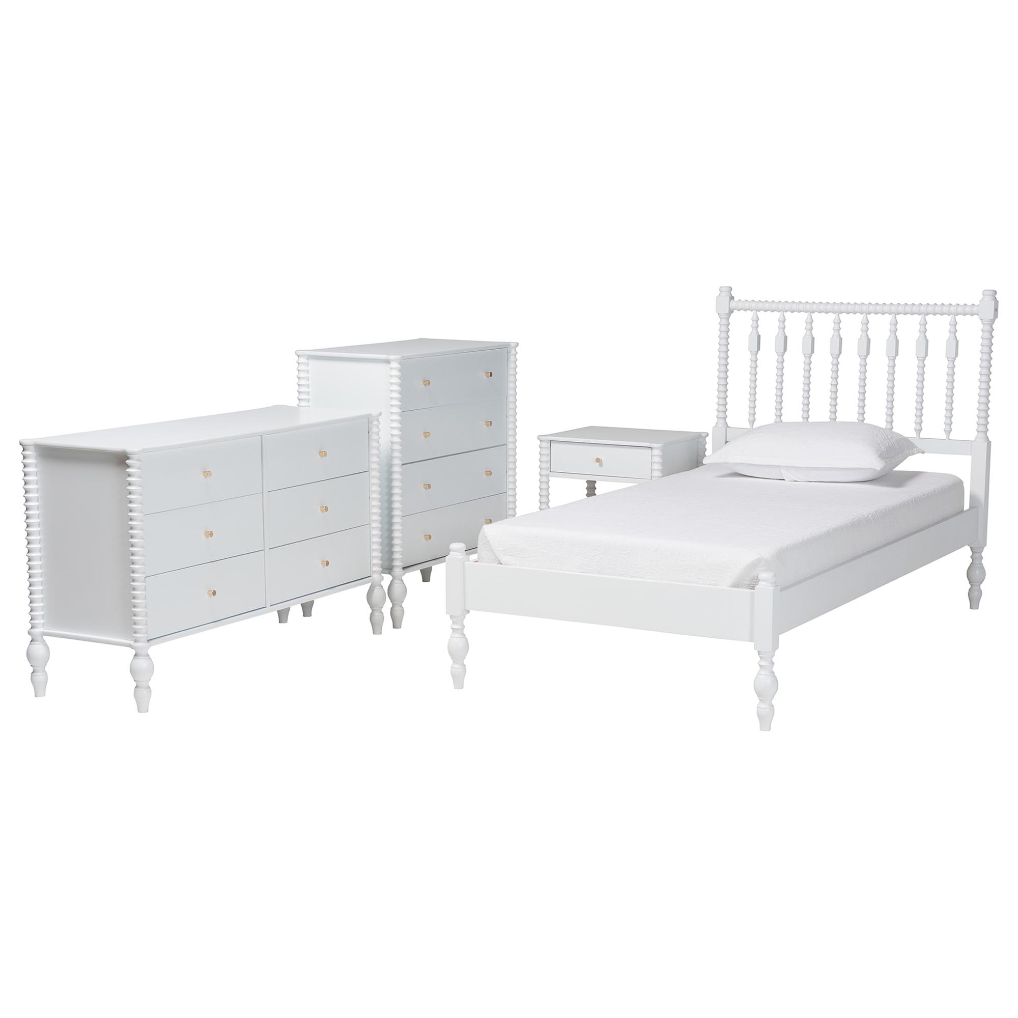 Baxton Studio Denita Spindle 4-Piece Bedroom Set - Farmhouse Platform Bed with Matching Dresser, Chest, and 1-Drawer Nightstand, White, Twin
